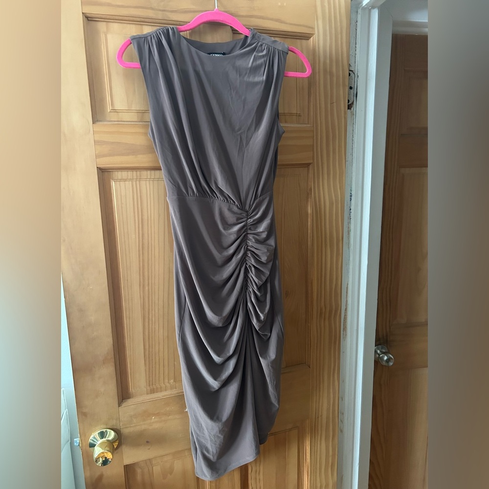 Express Ruched Asymmetrical Sheath Midi Dress